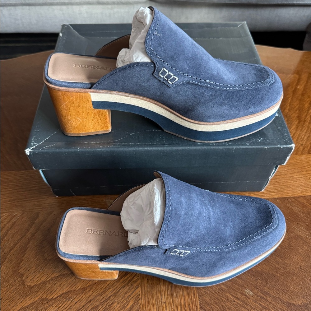 Bernardo Navy Suede Mules with Wooden Heel